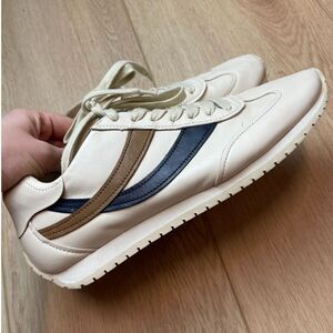 Vince Retro Leather Sneakers – Cream with Blue & Tan Stripe – Size 9M